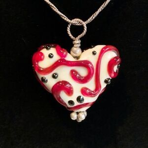 Murano glass hand made lampwork heart twisted sterling chain red white black